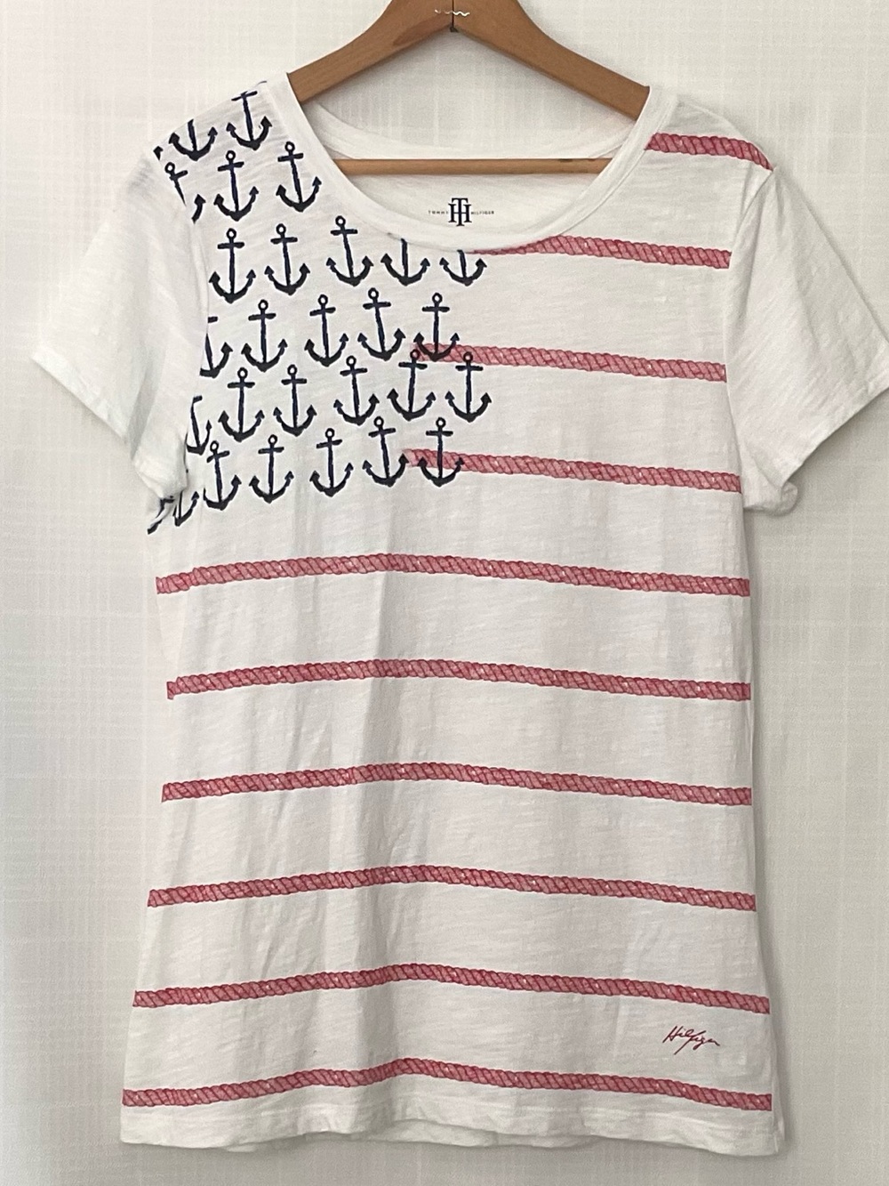 🌱Tommy Hilfiger White Tee with Navy Anchors and red Stripes 4th of July